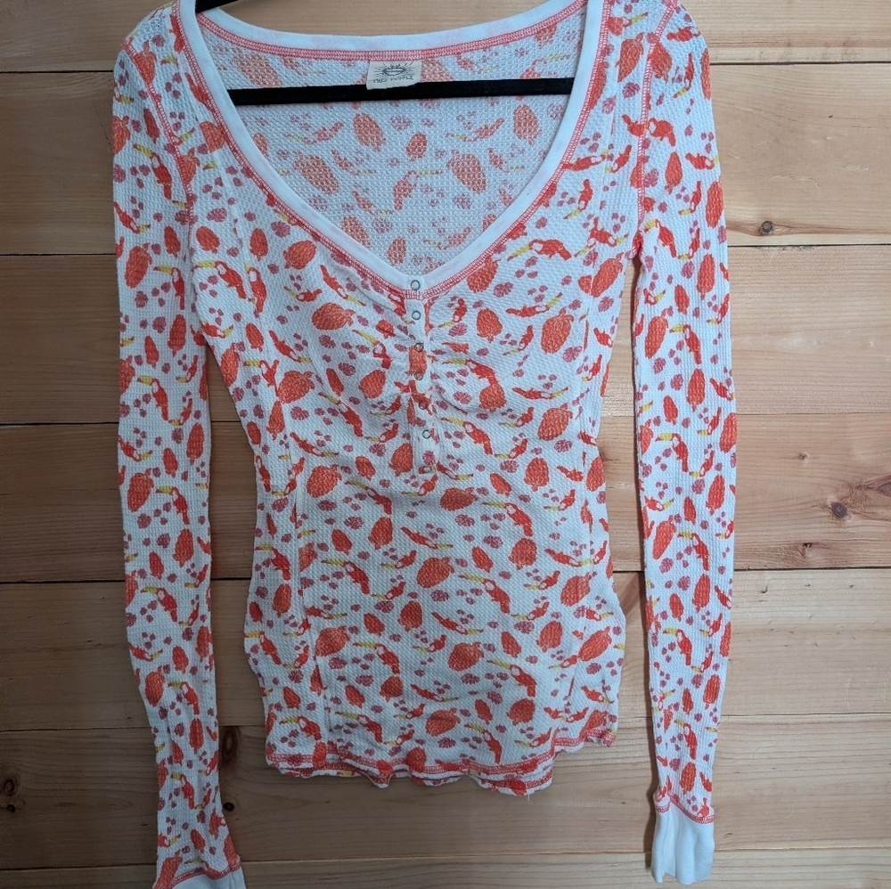Free People Long Sleeve Floral Top - White and Orange. Medium